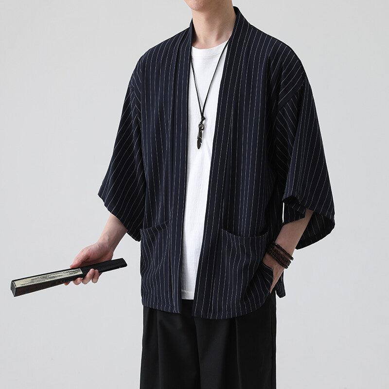 2025 New Summer Stripesd Men's Three-Quarter Sleeve Windbreaker Large Size Thin Outwear Chinese Style Cloak Men's Top