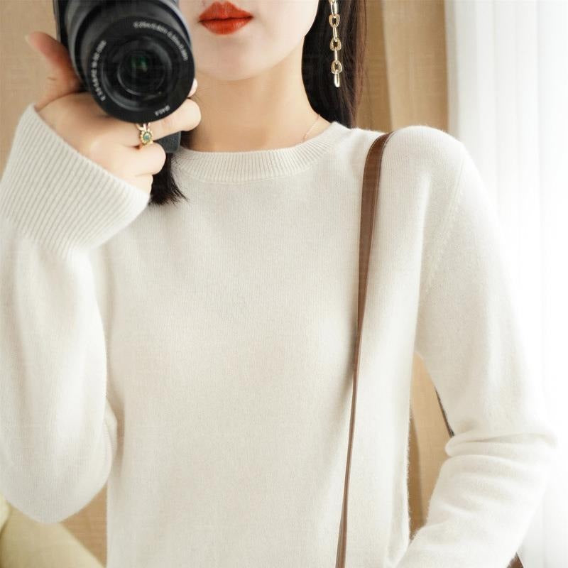 Autumn and Winter New Round Neck Sweater Women's Pullover Sweater Solid Color Long Sleeve Women's Thin Inner Short Base Shirt for Women