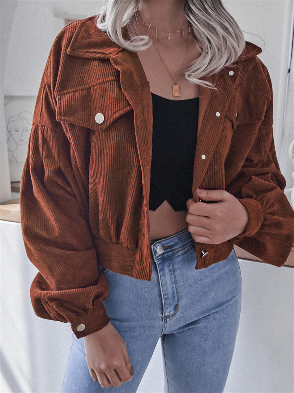 Ins Style Autumn and Winter European and American Lantern Long-Sleeved Corduroy Casual Short Outwear Jacket Amazon Hot Cross-Border Women's Clothing