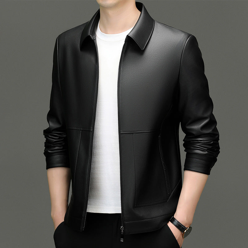 Leather men's 2024 autumn and winter new fleece-lined thickened lapel pu leather jacket coat protein ecological leather men's