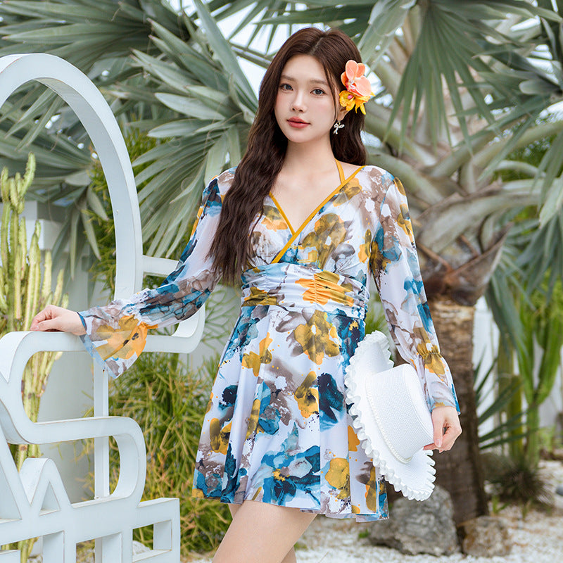 Swimsuit for Women, Plus Size 100kg, Hot Spring One-Piece Dress Style, 2025 New Chinese Style, Conservative, Tummy-Concealing, Slimming Swimwear
