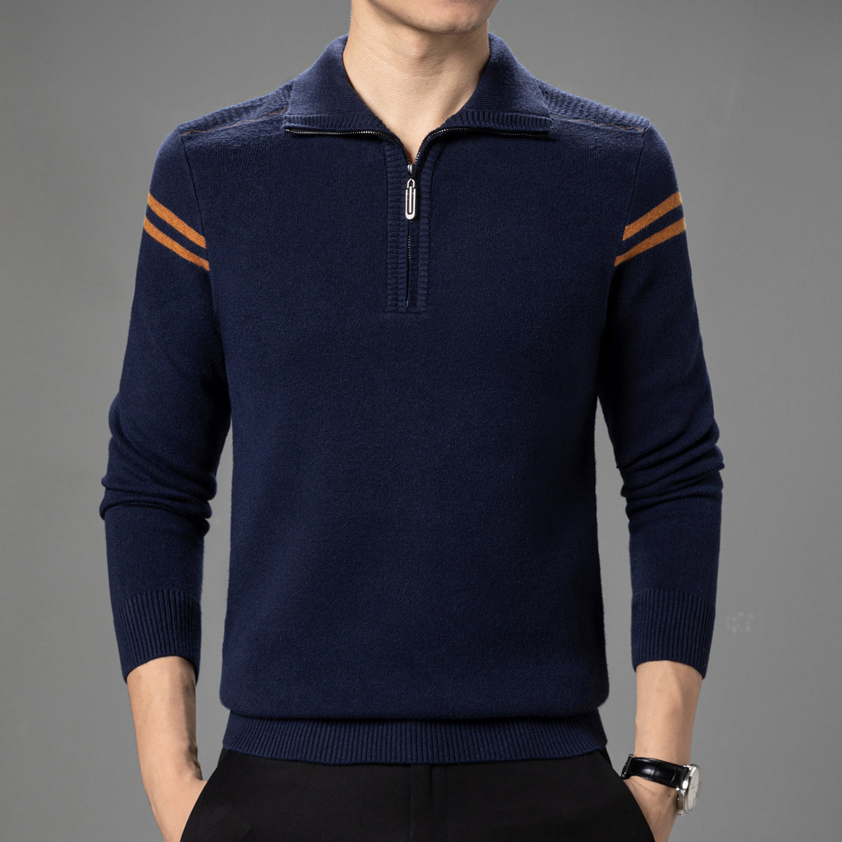 Half-Zip Knit Sweater for Men, Autumn and Winter Style, Men's Sweater for Middle-Aged Dads, Long-Sleeve Pullover, Solid Color Base Layer