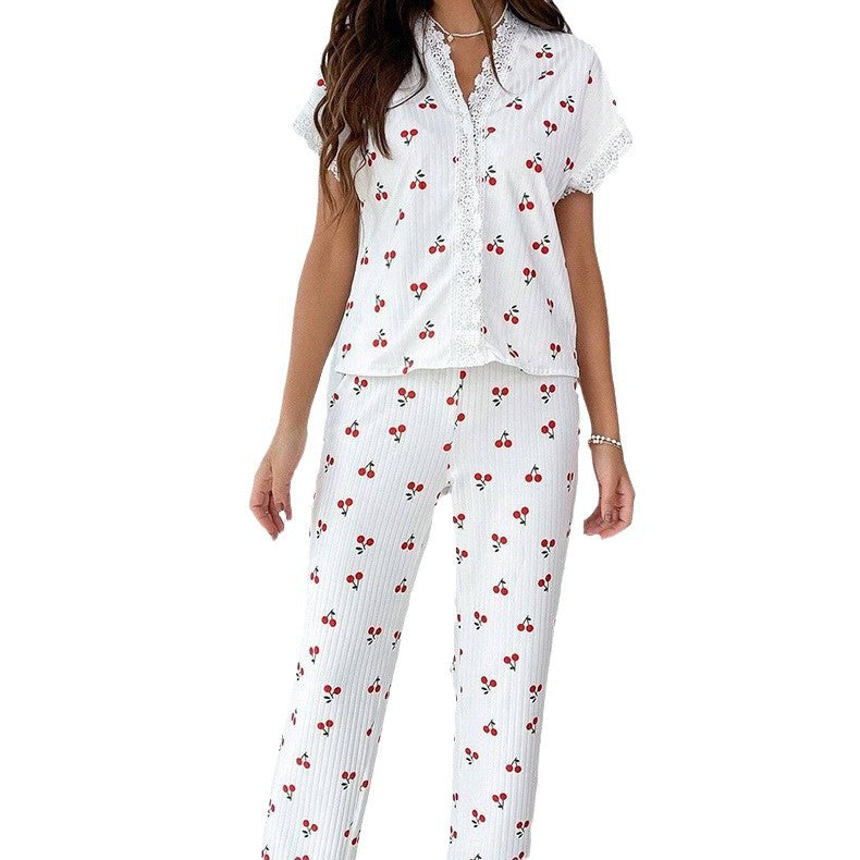 European and American Style Women's Pajamas Autumn and Summer Sexy V-Neck Lace Cherry Printed T-Shirt Slim-fit Short-sleeved Shorts Home Clothes