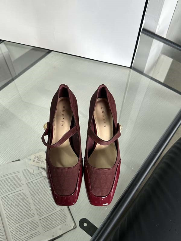 girls 2024 New Fashion High-Heeled Shoes, Chunky Heel Single Shoes, French-Style Magic Buckle, Square Toe, Pointed Toe, Mid-Heel, Fashionable and Versatile