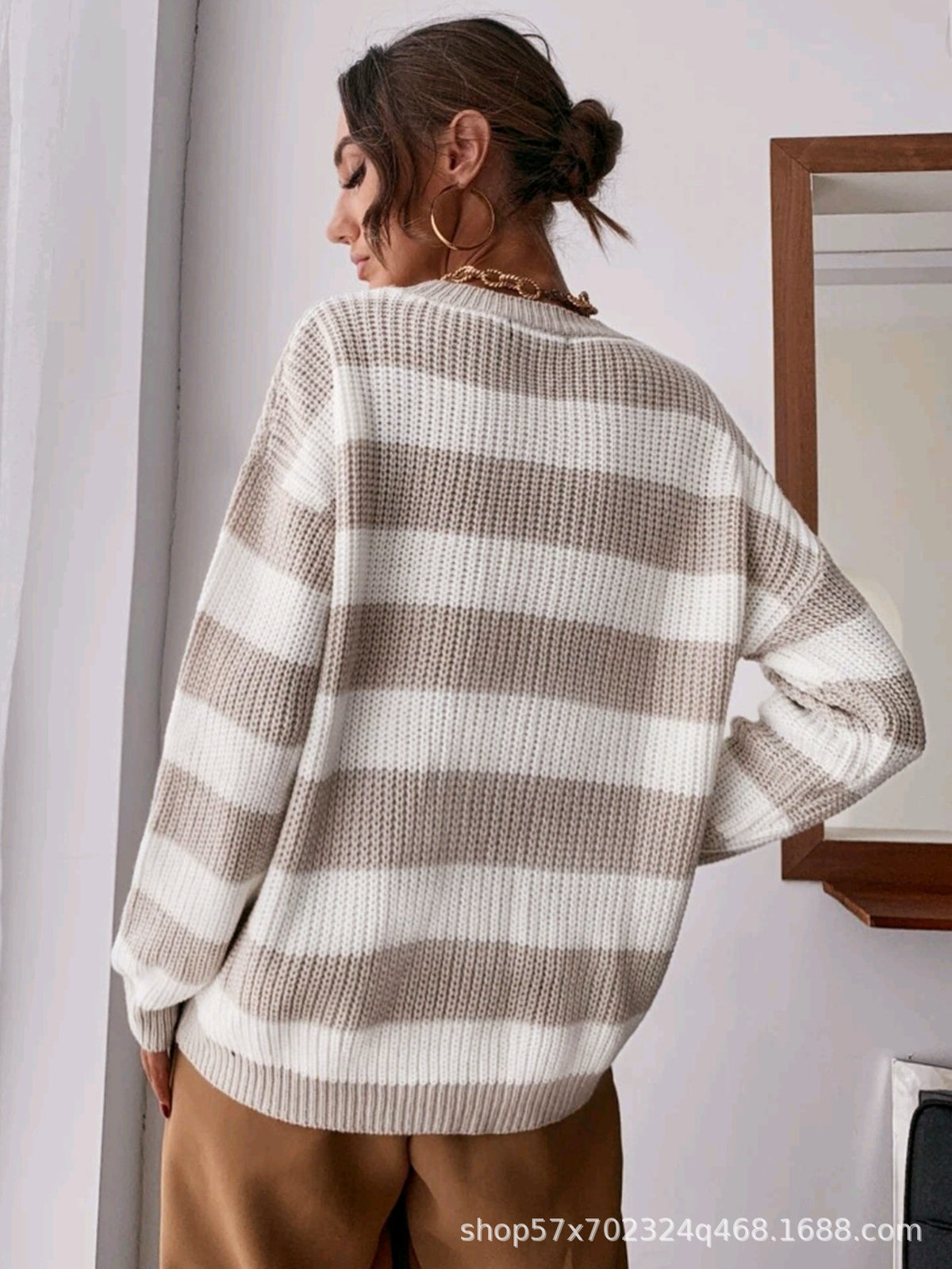 European and American Cross-Border Autumn and Winter New Striped Loose Sweater Women's Long-Sleeved Knitwear
