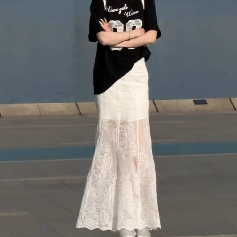 Summer beautiful wear suit 2025 ~ new Korean fashion lace shoulder T-shirt fishtail skirt two-piece set
