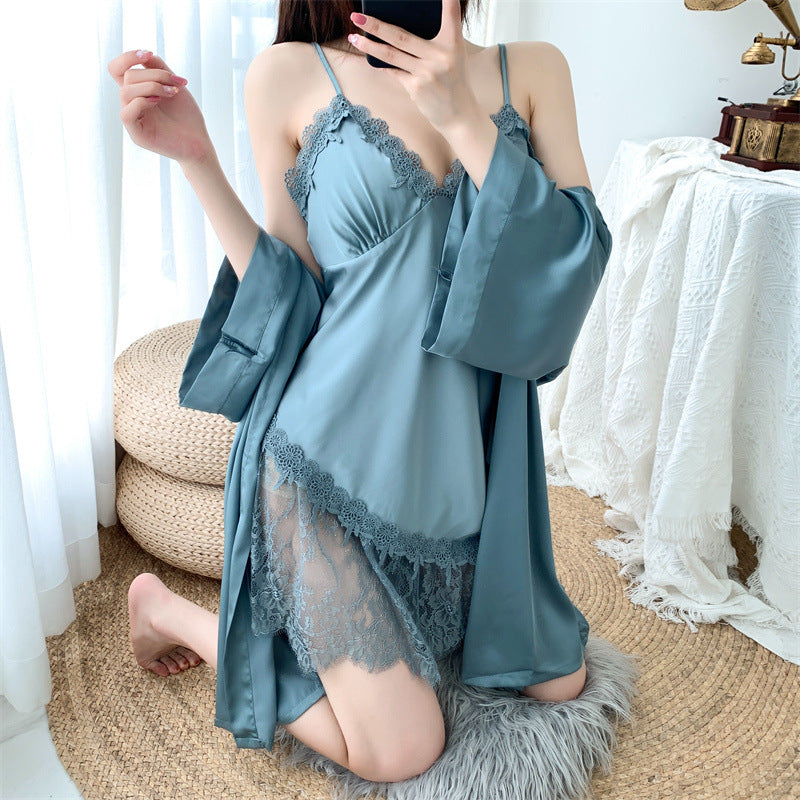 New women's pajamas sexy suspender nightgown two-piece suit ice silk lace pure desire style women's home wear
