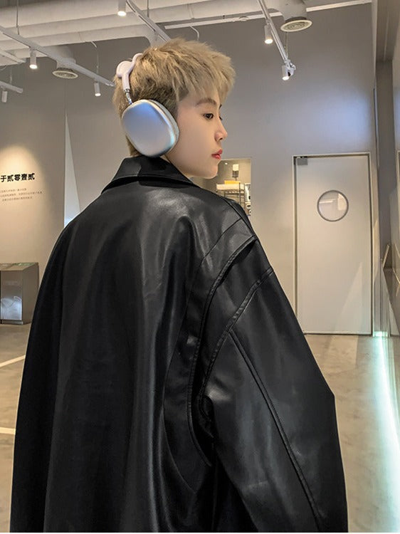 Leather Jacket Men's Autumn American Style High-end Feeling Fat Shuai Chao Brand Lapel Loose Leather Stitching Biker Jacket