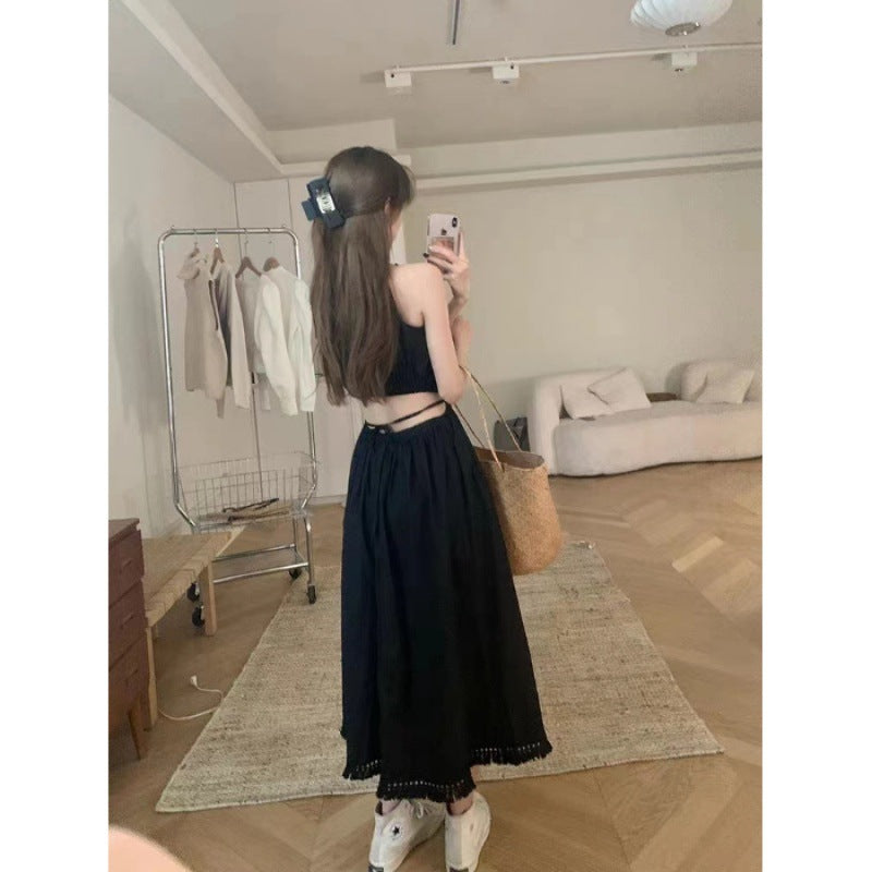 Designed Cut Out Waistless Halterneck Suspender Dress for Women Summer Lace-Up Waist Slimming Holiday Style Tassel Mid-Length Skirt
