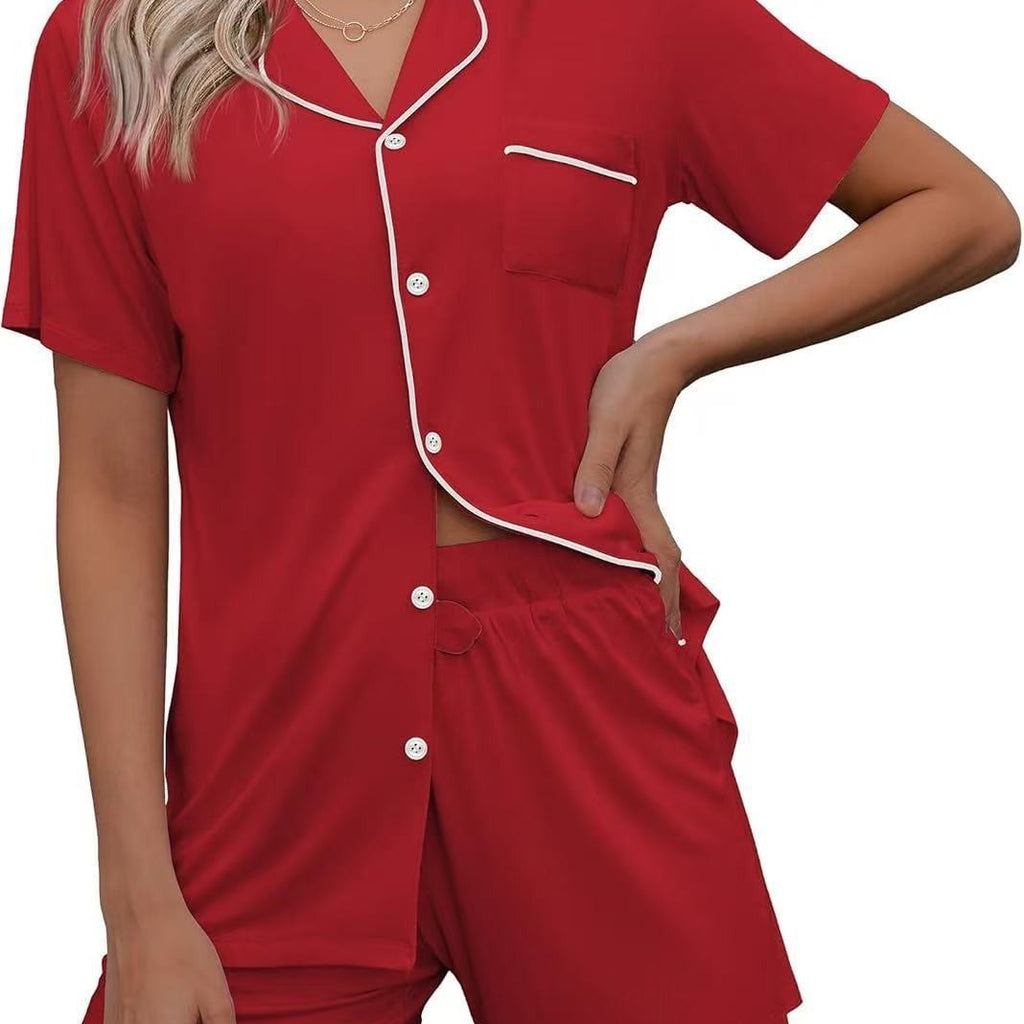 European and American Women's Cross-Border Pajamas Set Short-Sleeved Pajamas Cardigan Button-Style Pajamas Two-Piece Set Source Factory Cool