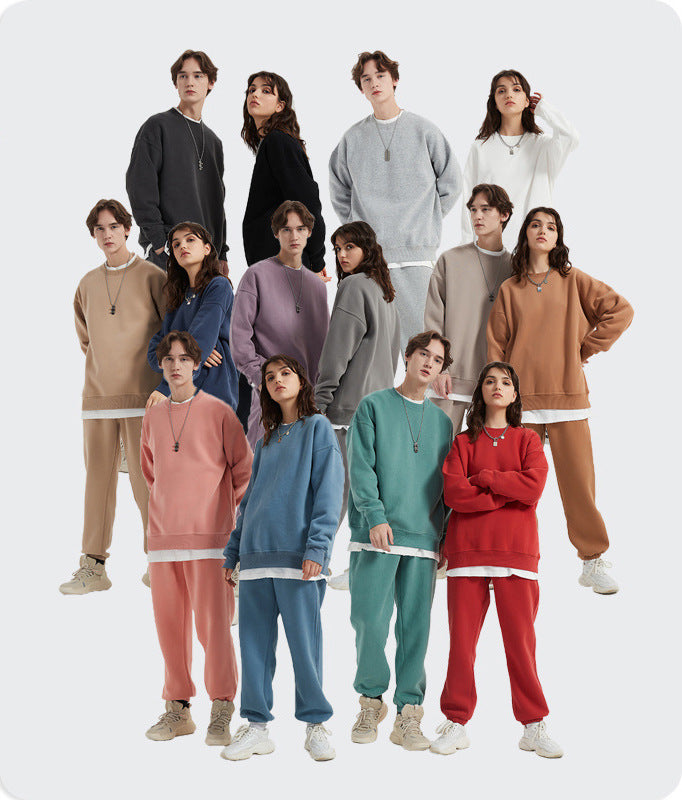 2023 autumn new round neck sweater fashion brand solid color pullover men's sweater loose fleece-lined men's couple sweater