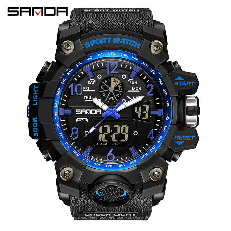 Sanda Hot-Selling Watch Korean Version Student Party Multi-Functional Waterproof Alarm Clock Electronic Watch Cool Dual Display Luminous Sports Watch