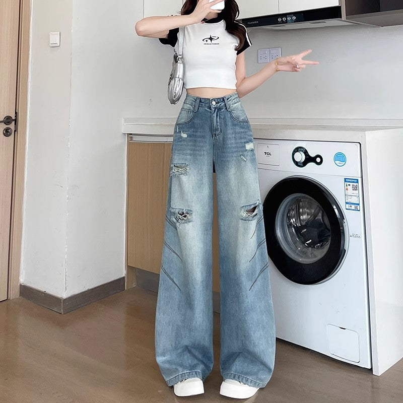 Ripped Straight-Leg Jeans for Women, Summer 2025 New High-Waisted Leg-Covering Style, Trendy American-Style Wide-Leg Pants for Hot Girls