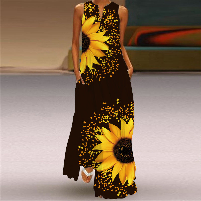 New Summer Women's Sleeveless Long Dress V-Neck Floral Print Dress European and American Cross-Border Foreign Trade Women's Clothing