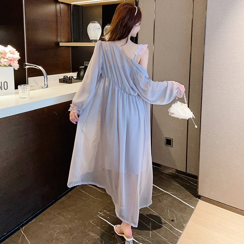 Women's Pajamas, Casual Home Wear, Elegant and Fashionable, Low-Cut Satin Chiffon Long Suspender Dress, Nightgown Two-Piece Set