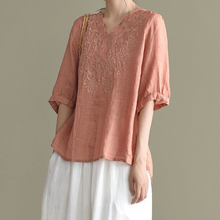 Shirt Summer New Style Retro Literary Thin Embroidered Short-Sleeved Cotton and Linen Tops for Women Ethnic Style V-Neck Pure Cotton T-Shirts for Women