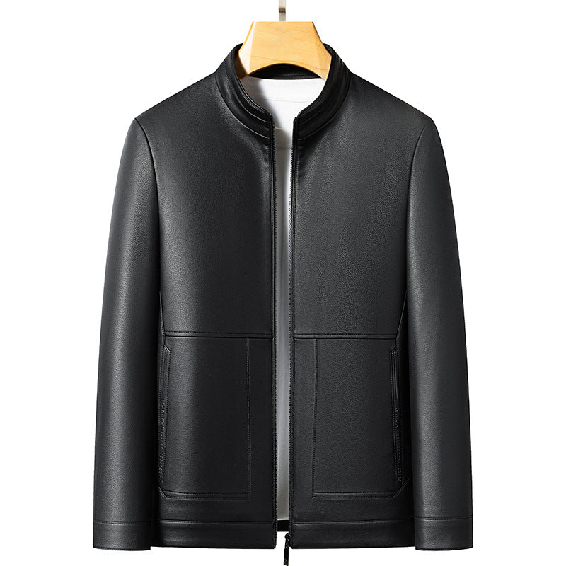 Leather men's 2024 autumn and winter new fleece-lined thickened stand collar pu leather jacket coat protein ecological leather men's