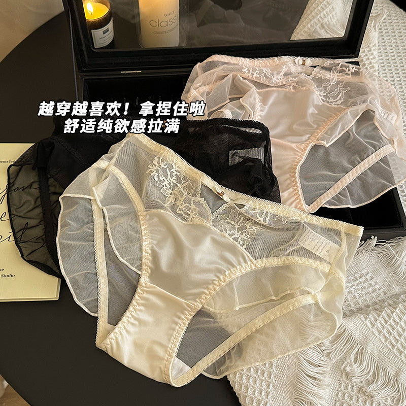 Sexy Hollow Mesh Underwear Women's Mid-Waist Sexy Lace Less Ladies Underwear Mulberry Silk Bottom Crotch Comfortable Briefs
