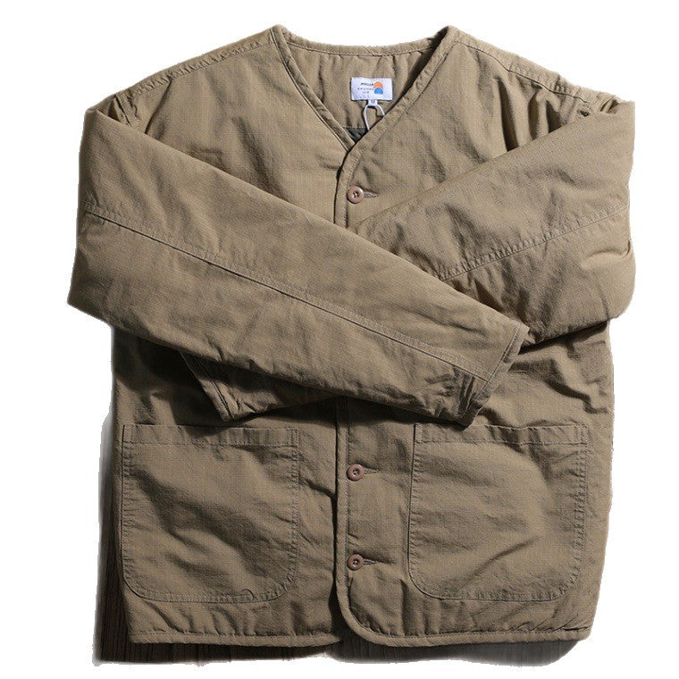 National Trend Retro Collarless Autumn and Winter Men's Jacket Cotton-Padded Coat Trendy Brand V-Neck Padded Jacket Thickened Warm Cotton Coat for Men