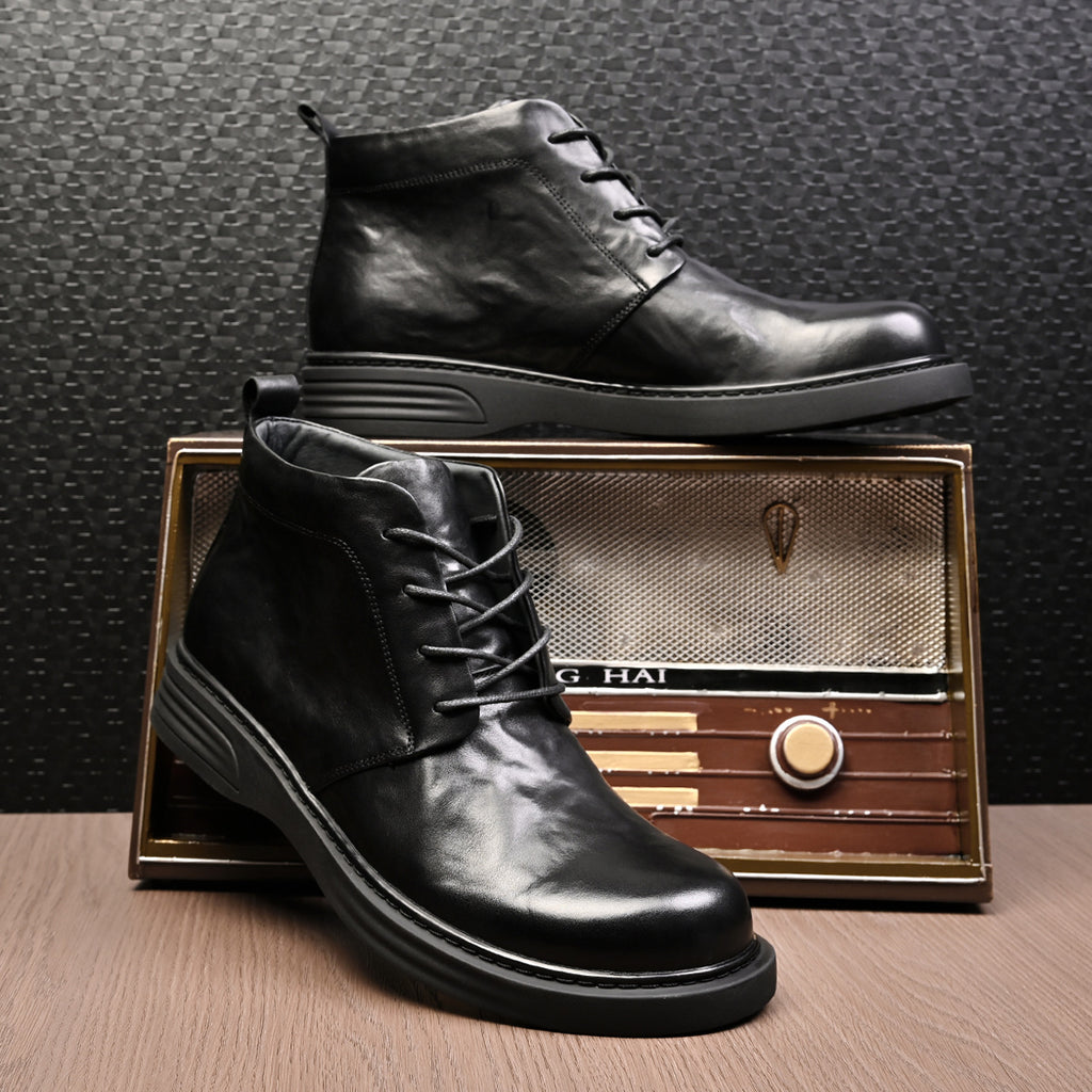 Platinum Wei Men's Martin Boots Autumn and Winter Genuine Leather Flat Mid-top Casual Boots Round Toe Lace-up Fashionable Soft Bottom Ankle Boots