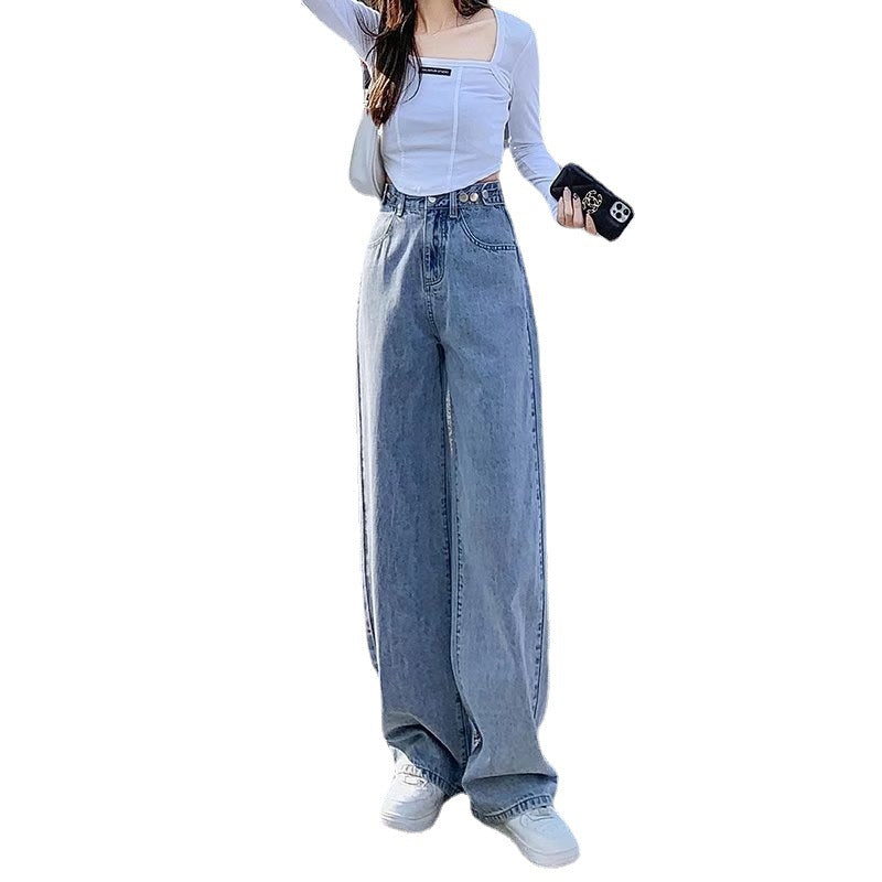 High-Waisted Wide-Leg Jeans for Women, Straight-Leg, Loose, Slim, 2024 Summer Clothes, New Style, Drapedy Floor-Length Pants for Small People