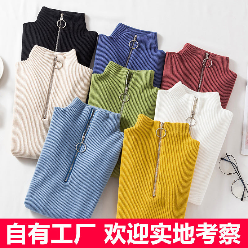 Spring sweater women's semi-high collar ring zipper slim outer wear long sleeve middle collar base sweater sweater top wholesale