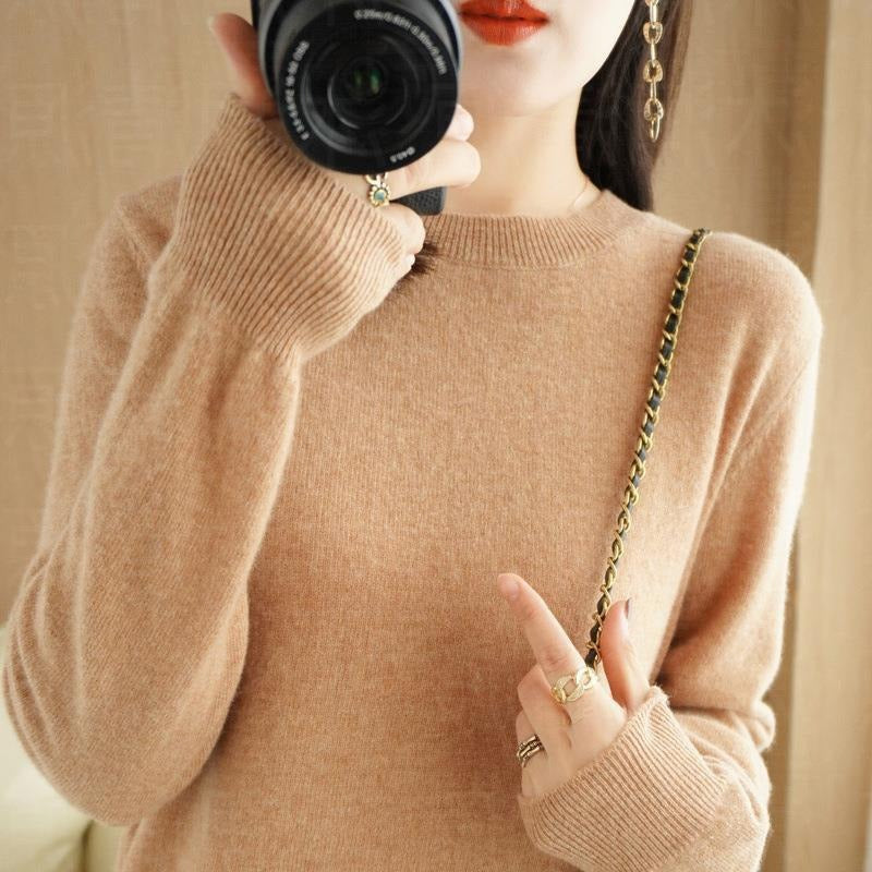 Autumn and Winter New Round Neck Sweater Women's Pullover Sweater Solid Color Long Sleeve Women's Thin Inner Short Base Shirt for Women