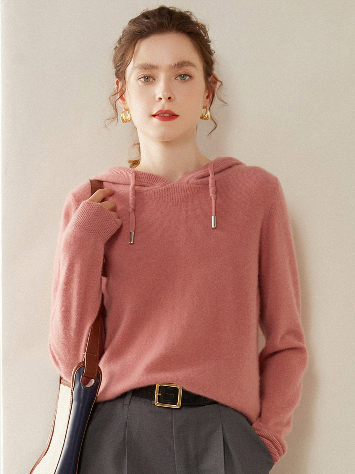 Light Luxury Solid Color 100% Pure Cashmere Hoodie for Women, Versatile for Commuting, Loose Knit Base Hoodie, Loose Fit