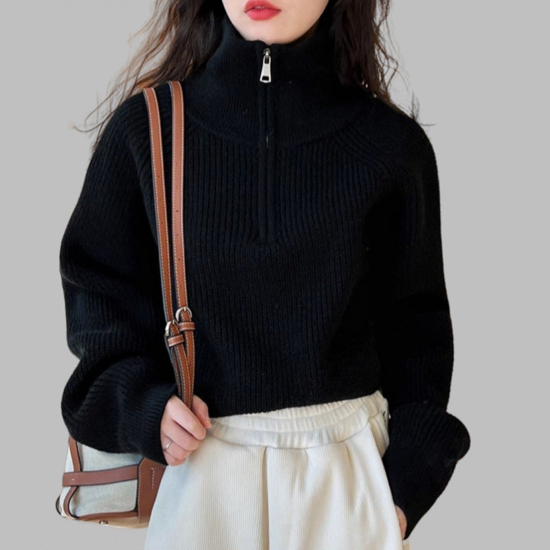 Designed Half-High Collar Zipper Red Knit Sweater for Women, Short Style, New Spring Model, High-Waisted Sweater, Loose and Thickened