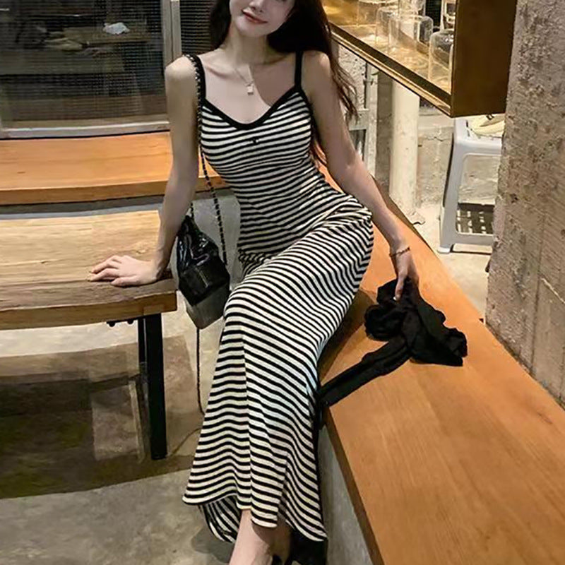 French Style Hip Dress Women's Summer New Fashion Casual A- line Stripe Slim-fit Slimming Sling dress