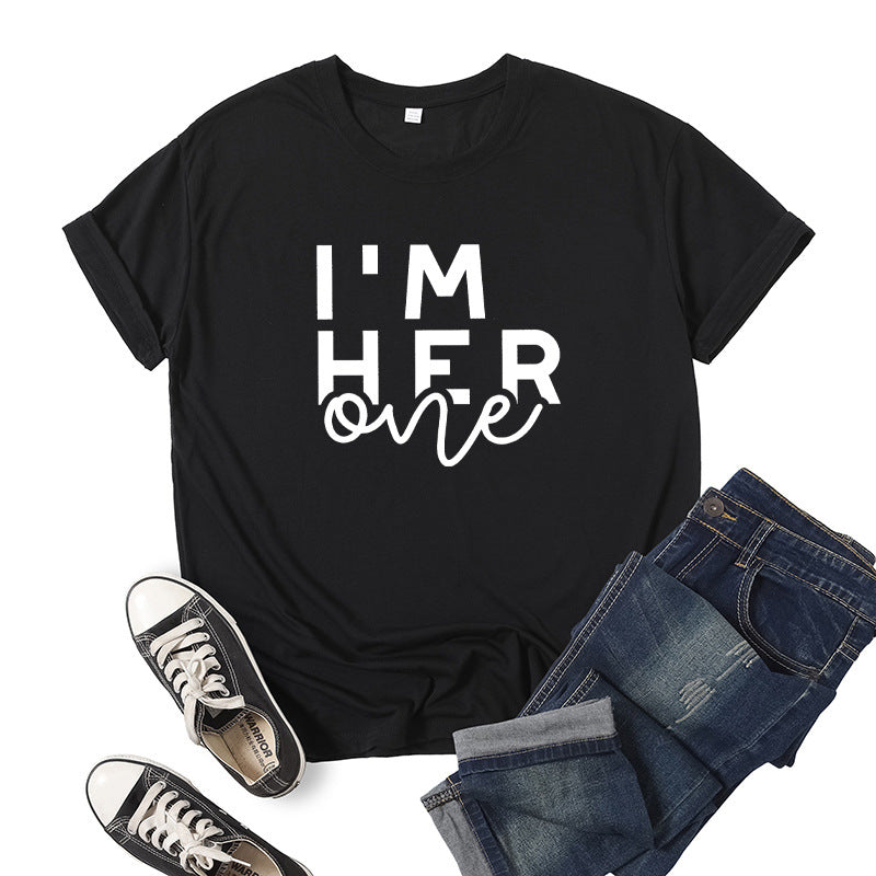 in stock Foreign Trade Cross-border I 'M HER ONE Couple Valentine's Day Printed Short-sleeved Crewneck T-shirt European and American Men and Women
