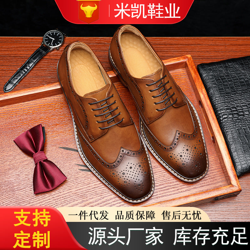 Brogue Carved Formal Men's Shoes Business British Derby Genuine Leather Handmade Leather Shoes First Layer Cowhide Wedding Shoes Extra Large Size