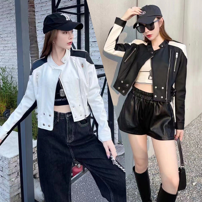 Short Leather Women's Coat 2023 Spring and Autumn New Fashion Design Sense Personalized Contrast Biker Short Jacket