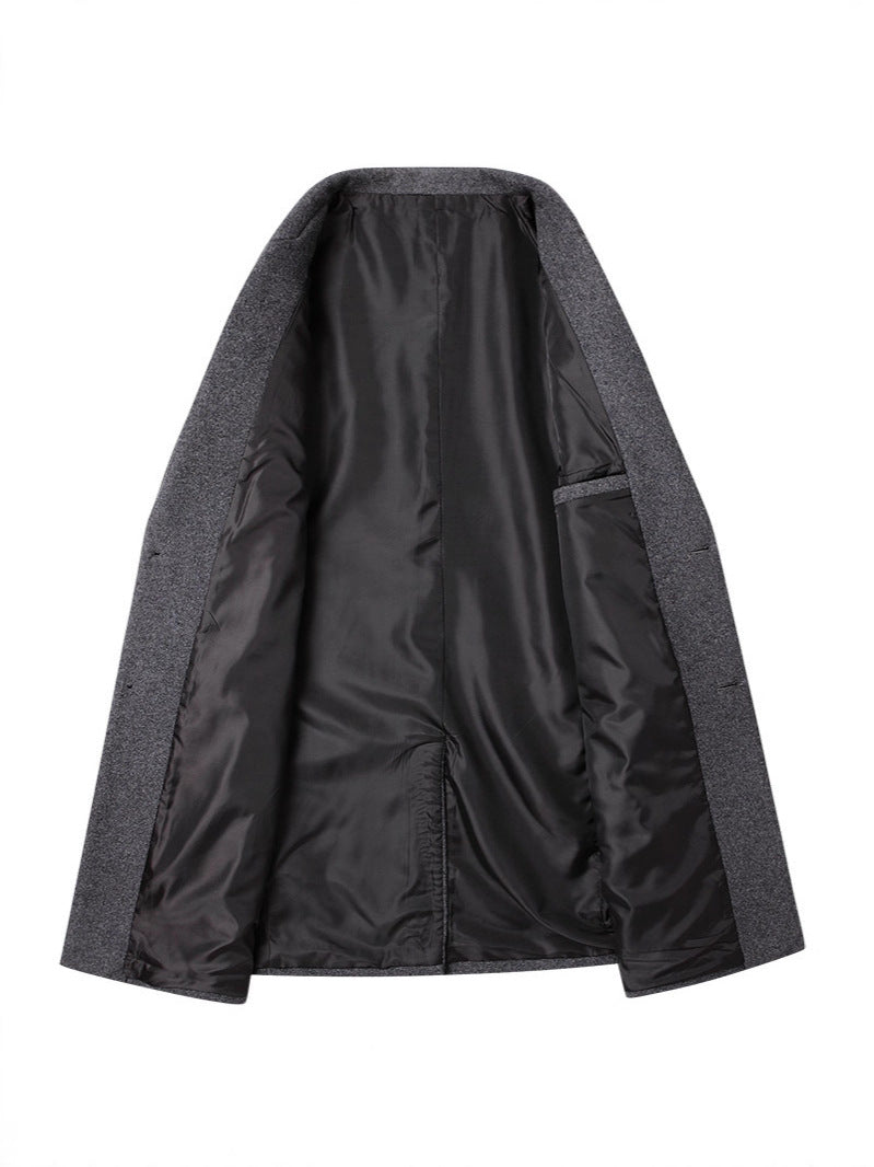 2025 Autumn and Winter Men's Mid-Length Pure Color Woolen Windbreaker European and American Casual Large Size Woolen Jacket Fashionable Men's Clothing