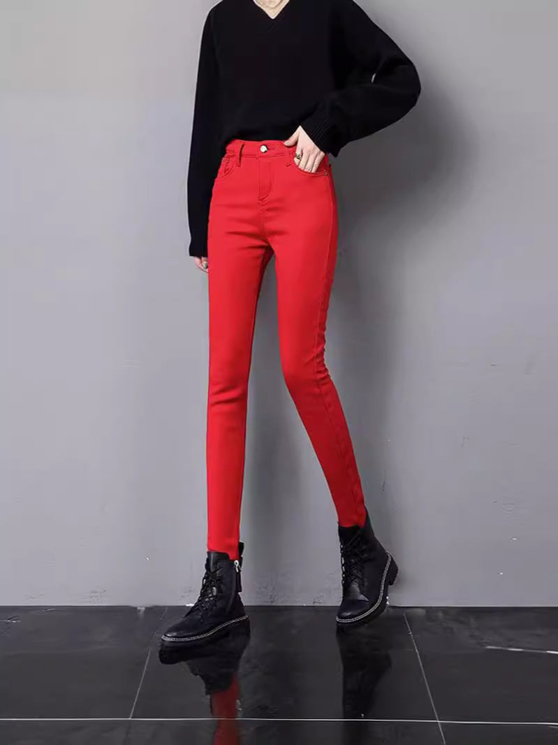 Red Jeans Women's 2024 Autumn and Winter Plus Velvet High Waist Slim Fit Small Foot Casual Pants Straight-Leg Pencil Pants
