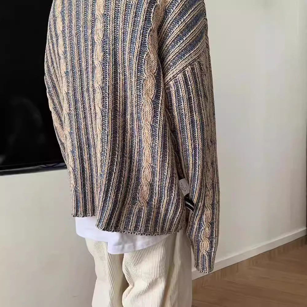 2024 Winter Casual Retro Mixed Color Striped Knitted Trendy Sweater Sense Men's Design Sense Crewneck Pullover for Hair