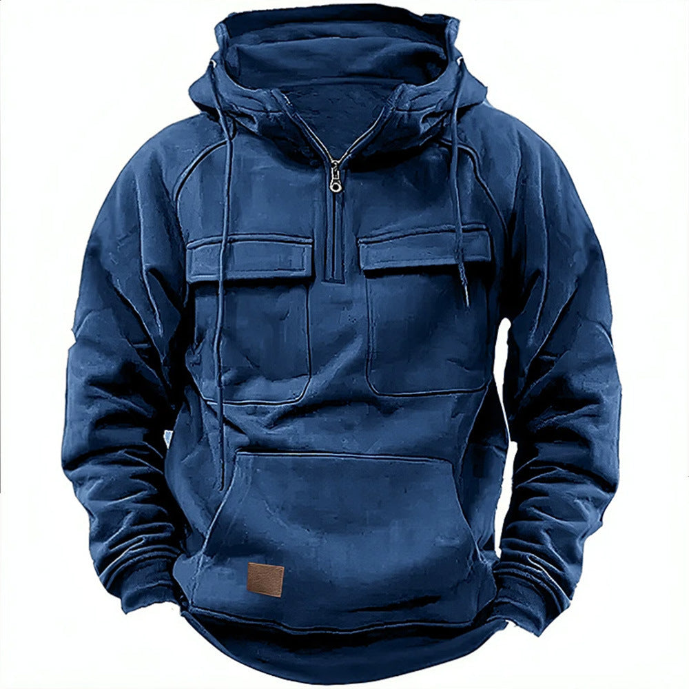 Cross-Border Men's Half-Zip Hooded Sweatshirt, Retro Workwear with Multiple Flap Pocket Pantss, Loose Casual Pullover Hoodie