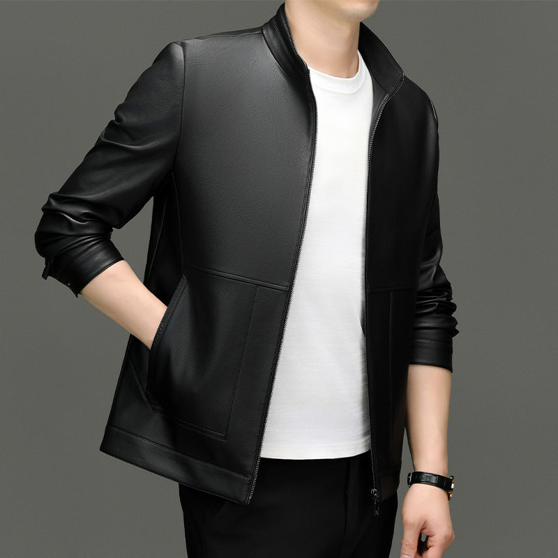 Leather men's 2024 autumn and winter new fleece-lined thickened stand collar pu leather jacket coat protein ecological leather men's
