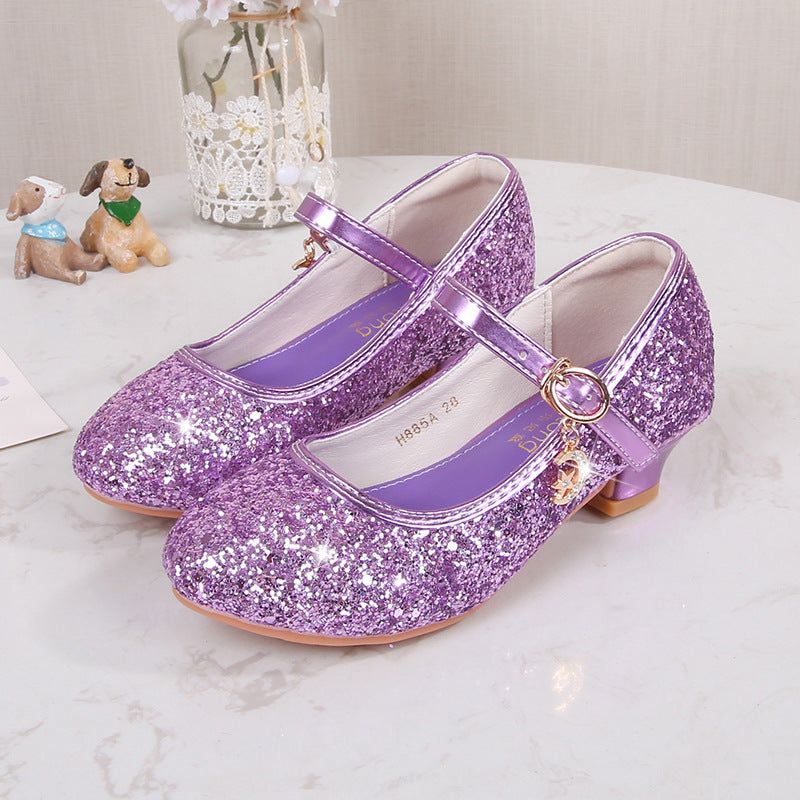 Children's High Heels Women's Shoes New Fashion Students Silver Sequins Performance Shoes Women's Etiquette Flower Children's Shoes