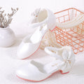 2025 New Children's Princess Shoes White Pink Korean Style High Heel Pearl Bow Leather Shoes Girls' Toe Single