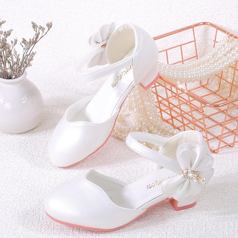 2025 New Children's Princess Shoes White Pink Korean Style High Heel Pearl Bow Leather Shoes Girls' Toe Single