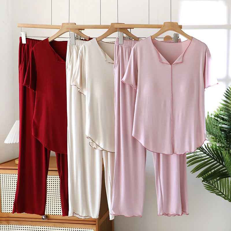 Ruffled Pajamas for Women Summer Thin Modal Short-Sleeved Pants Casual with Chest Pads Can Be Worn Outside Home Clothes Set
