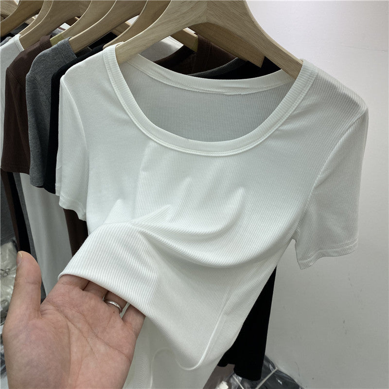 Versatile Ribbed Elastic Short-Sleeve T-Shirt for Women, Summer 2026, Round Neck, Slim Fit, Solid Color Base Shirt Top