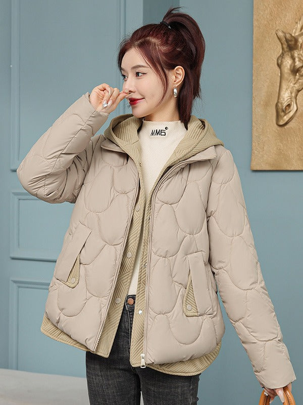 Hooded fake two-piece down cotton clothes women's clothing New Year short corrugated frayed high-end off-season cotton-padded jacket coat fashion