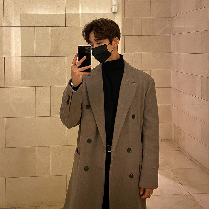 2024 Winter Men's Mid-length Knee-length Thickened Loose Korean Double-breasted Woolen Coat Coat Woolen Coat
