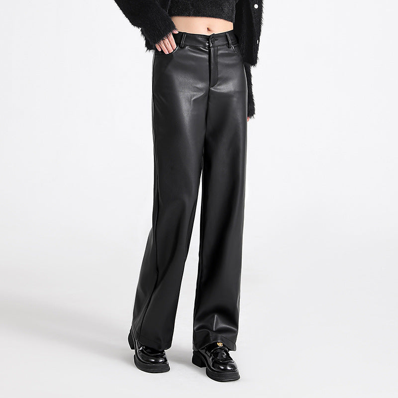 Women's Leather Pants 2025 New Autumn and Winter Black High-Waisted Loose Straight Slimming Petite Pu Leather Wide-Leg Pants