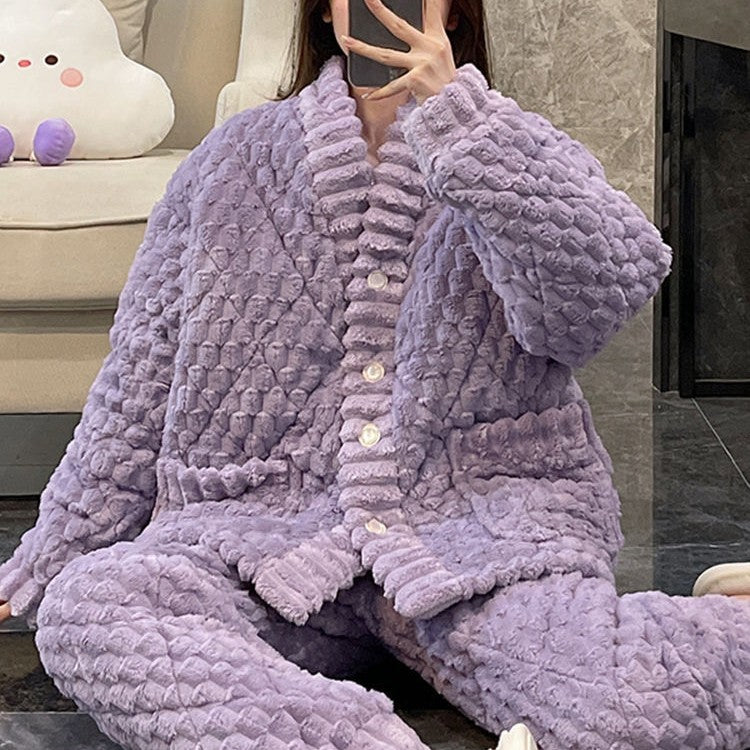 2025 New Pajamas for Women, Autumn and Winter Thickened and Fleece-Lined Coral Fleece Set, Plus Size Warm Loungewear for Autumn and Winter