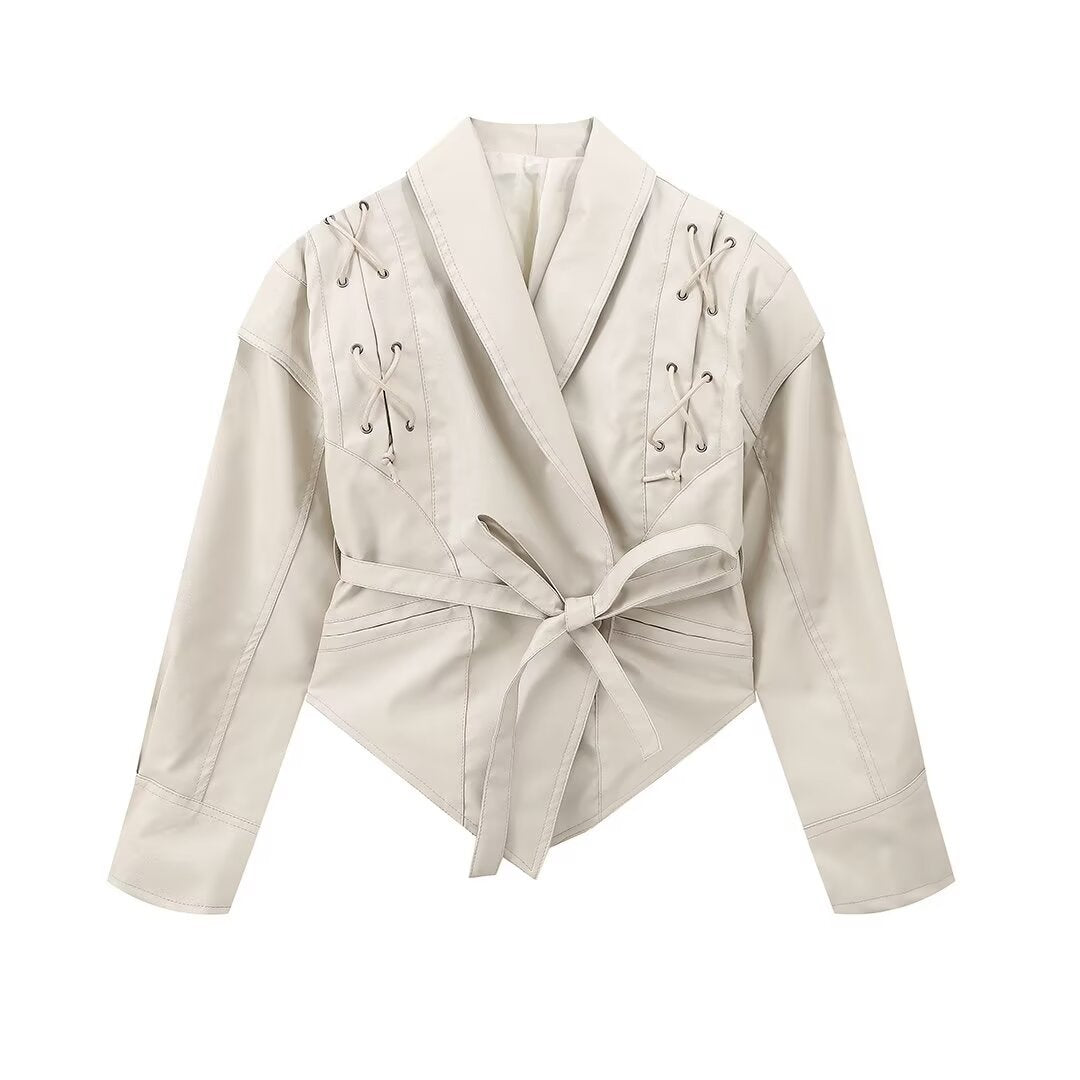 Cross-Border Aliexpress European and American Style Hot Style 2024 New Women's Clothing 4-Color Motorcycle Style Pure Color Strappy Waist Leather Jacket