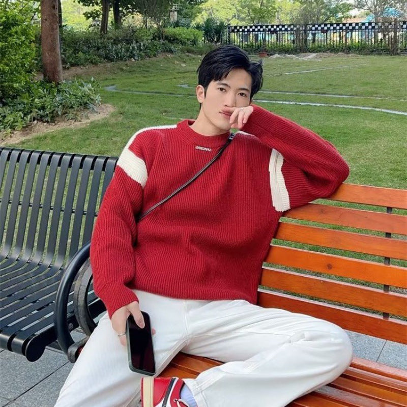 Contrast color sweater men's autumn and winter New round neck long sleeve sweater fashionable inner bottoming sweater fashionable one-piece delivery