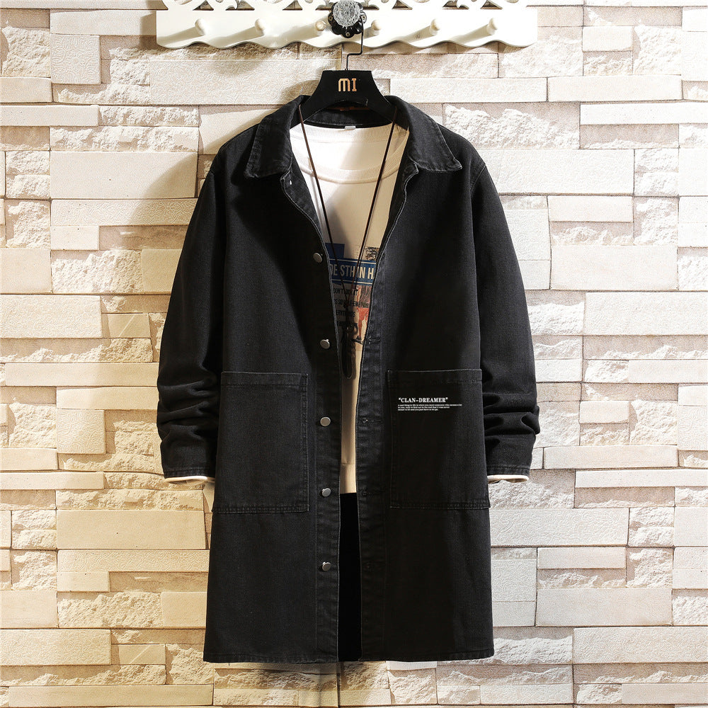Foreign Trade Cross-Border Plus-Size Men's Mid-Length Denim Jacket Men's Trench Coat with Lapel Spring and Autumn Wholesale Amazon